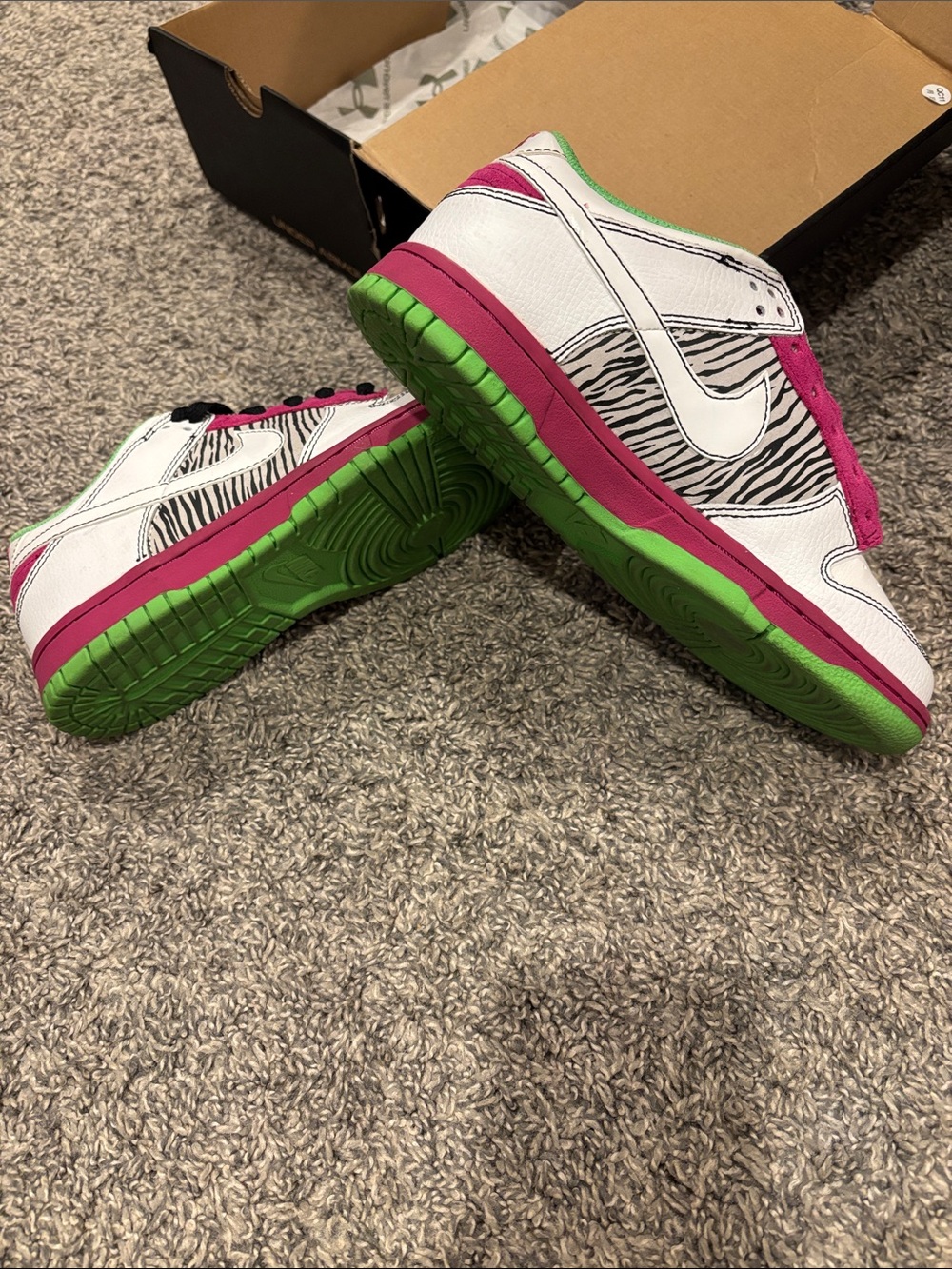 Nike White Sneakers with Zebra Print and Pink & Green Accents